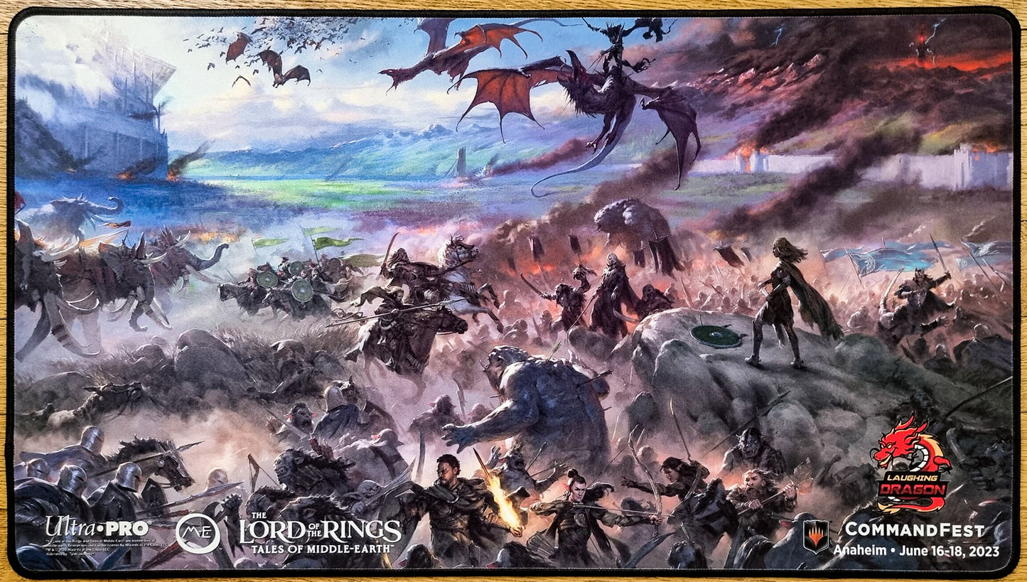 Batalla de los campos de Pelennor - Tyler Jacobson - CommandFest Anaheim 2023 - Bordado - Tapete de juego MTG