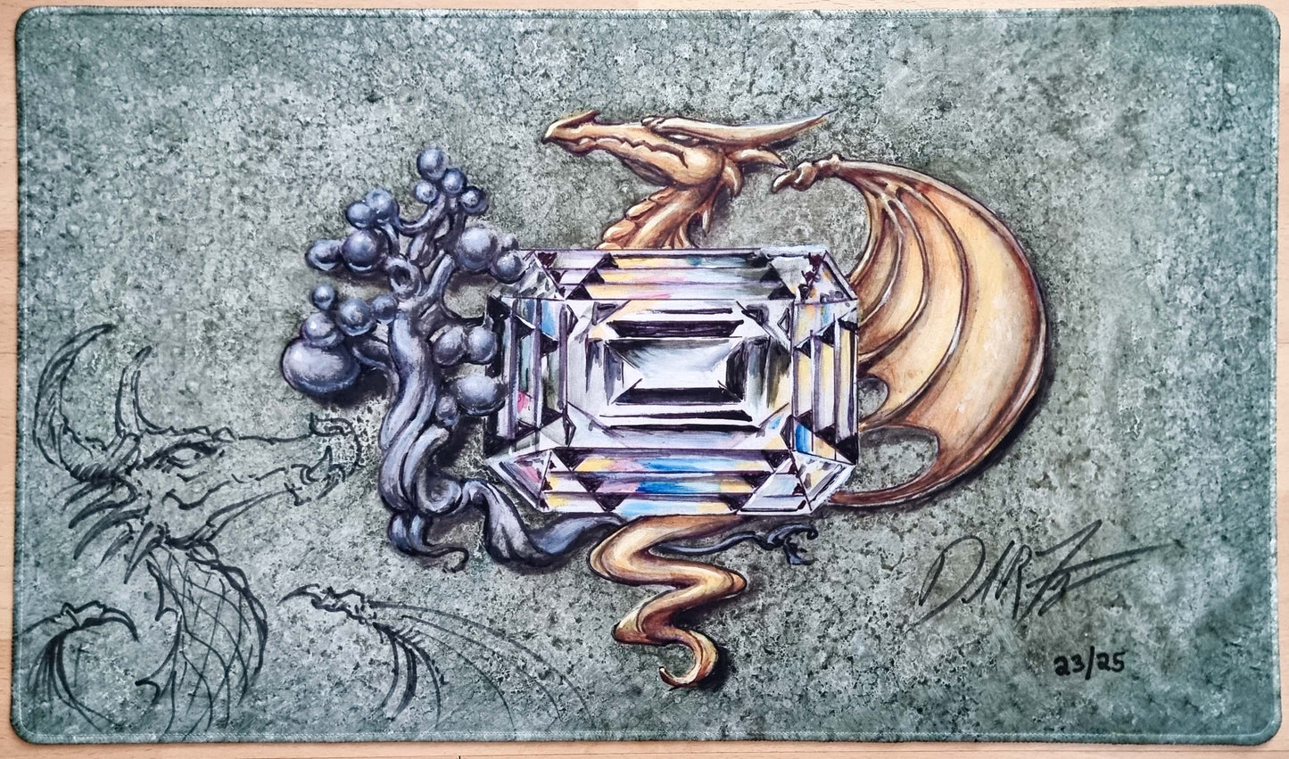 Signed, sketched and stitched Earthen Mox playmat by Dan Frazier showing a clear gemstone, tree-root form, golden dragon, and hand-drawn dragon remark.