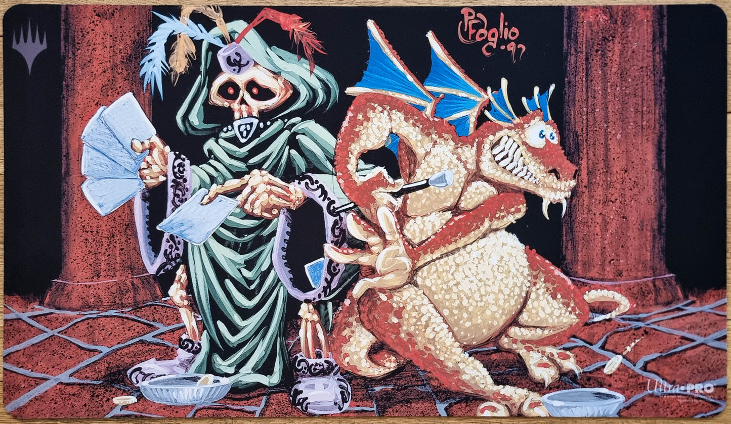 Humility MTG playmat by Phil Foglio showing a robed skeletal figure beside a nervous dragon-like creature in a theatrical interior scene.