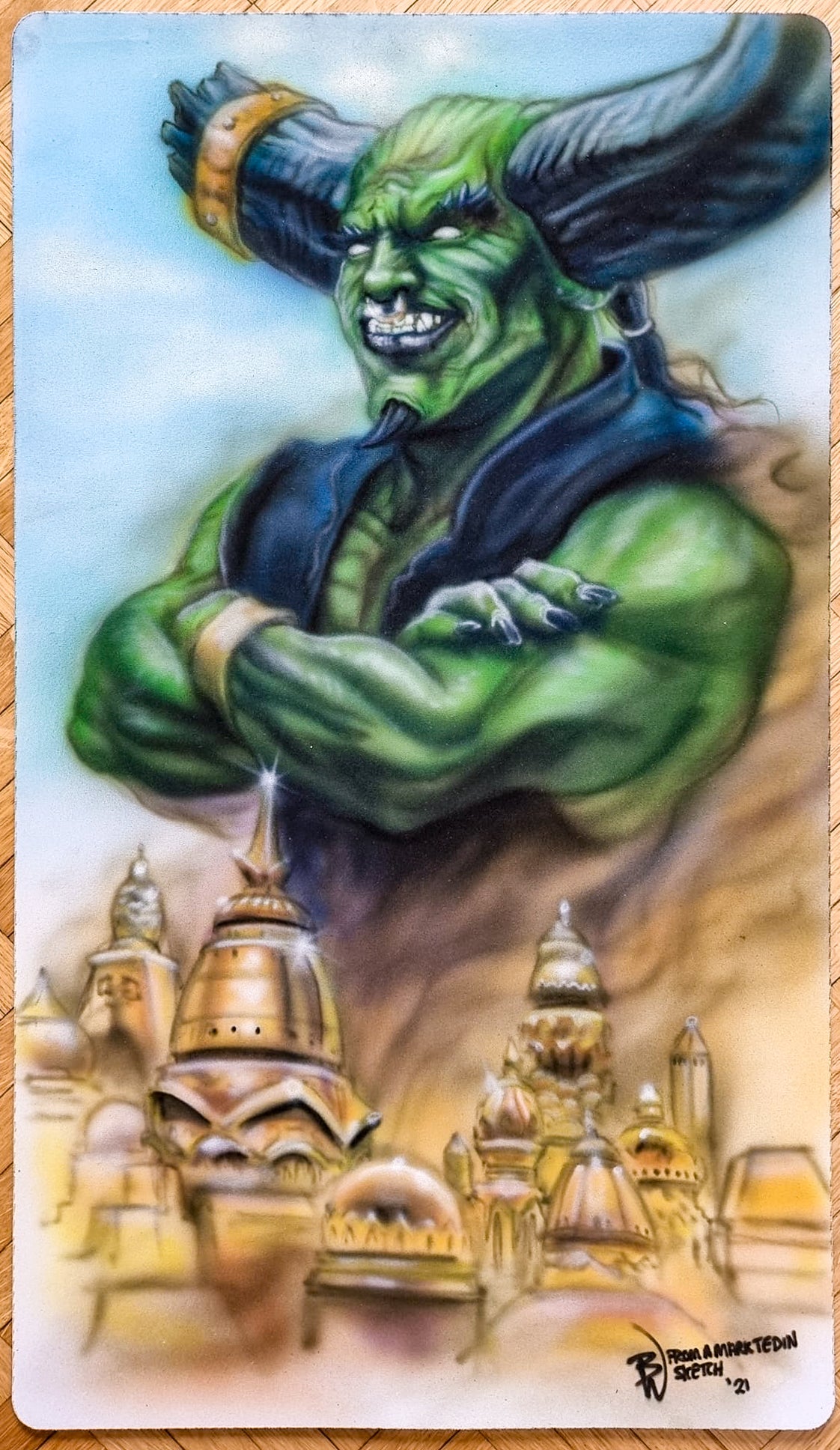 Juzam Djinn & City of Brass - Bryon Wackwitz - Pintado con aerógrafo y firmado por el artista - Tapete de juego MTG
