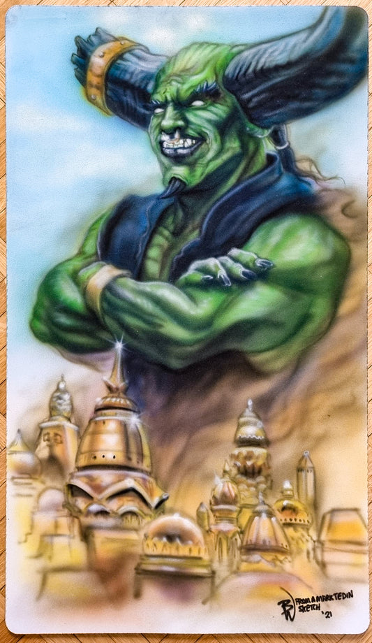 Juzam Djinn & City of Brass - Bryon Wackwitz - Pintado con aerógrafo y firmado por el artista - Tapete de juego MTG