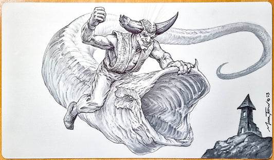 Juzam Djinn Riding Leviathan - Mark Tedin - Disegnato a mano - Firmato dall'artista - Tappetino da gioco MTG