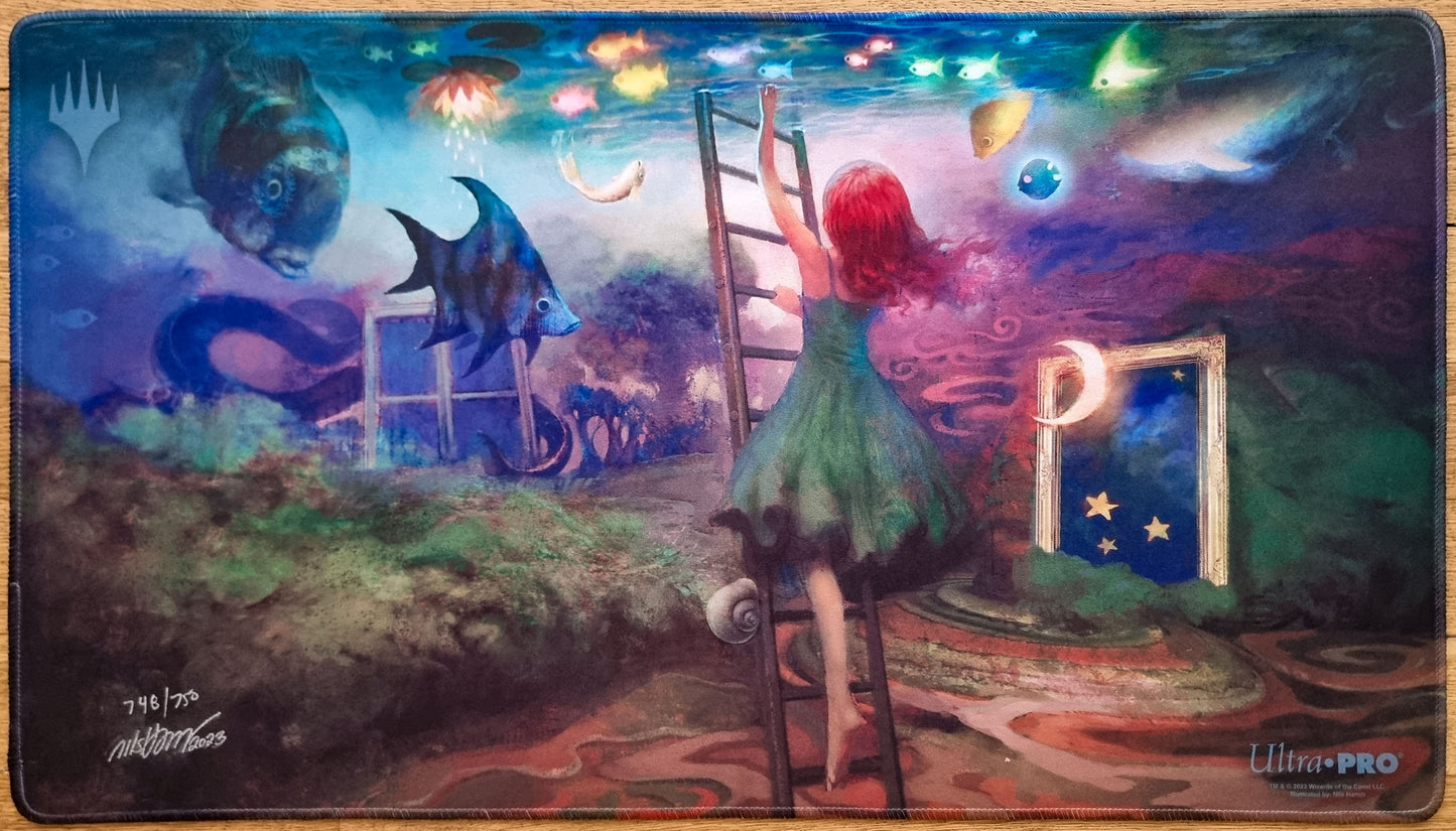 Signed and stitched Lucid Dreams MTG playmat by Nils Hamm showing a surreal dreamscape with a girl climbing a ladder, floating fish, and glowing portals.