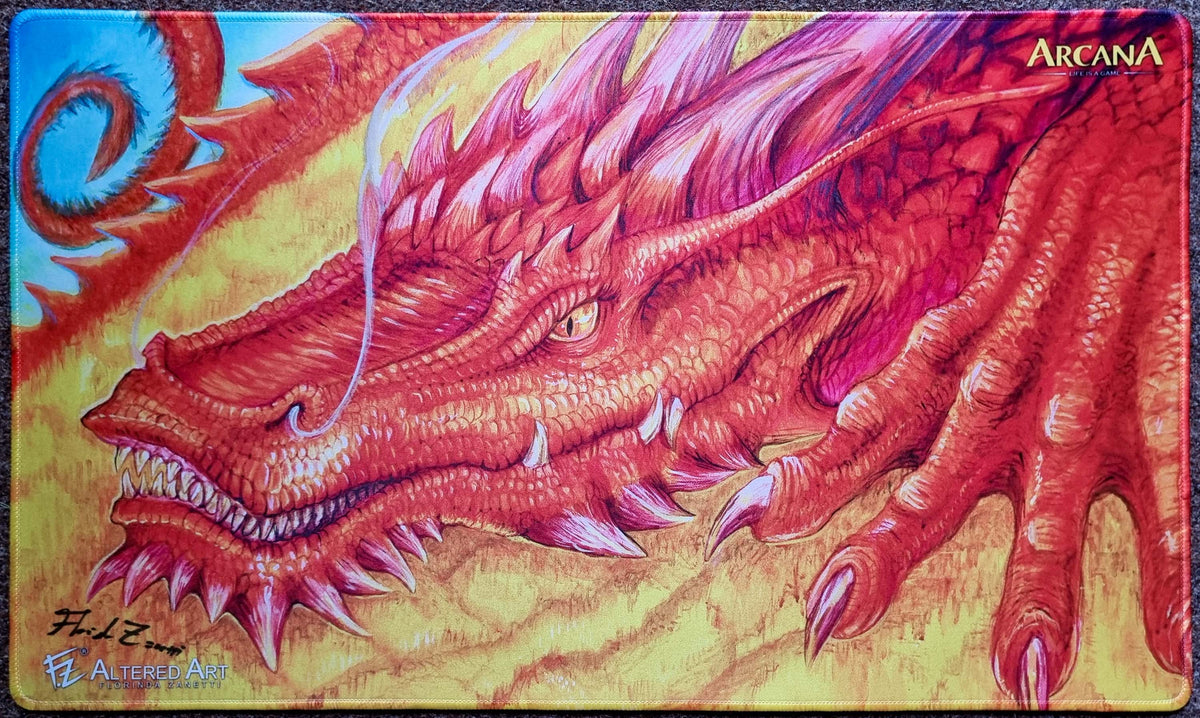 Smaug playmat by Florinda Zanetti for Card Expo Italia 2026, showing a close-up red dragon with horns and claws, signed by the artist with stitched edges.