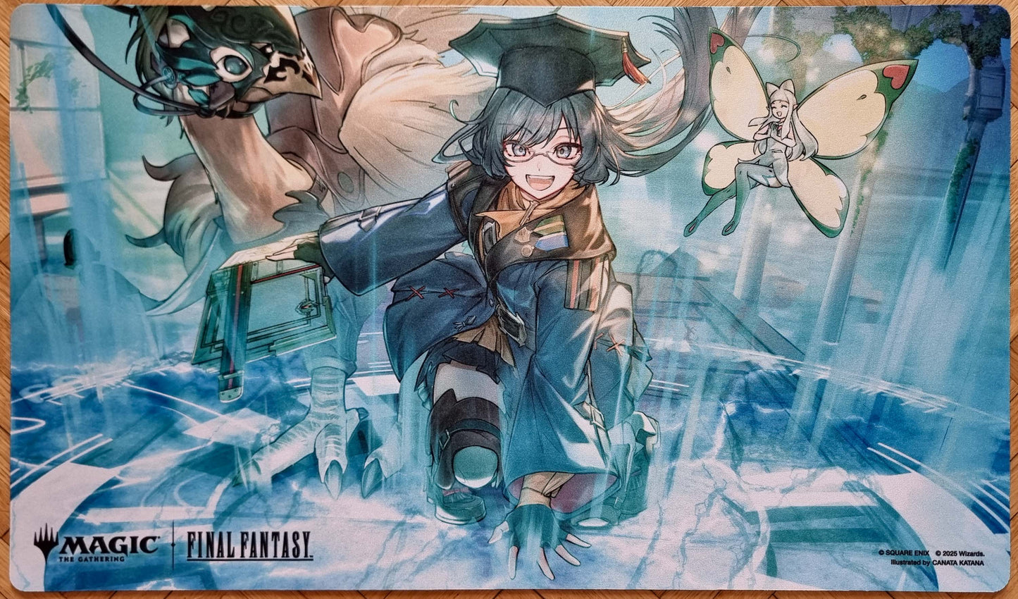 Snapcaster Mage MTG playmat featuring Canata Katana’s Final Fantasy Commander artwork, showing a smiling mage running through a blue magical scene with fantastical companions.