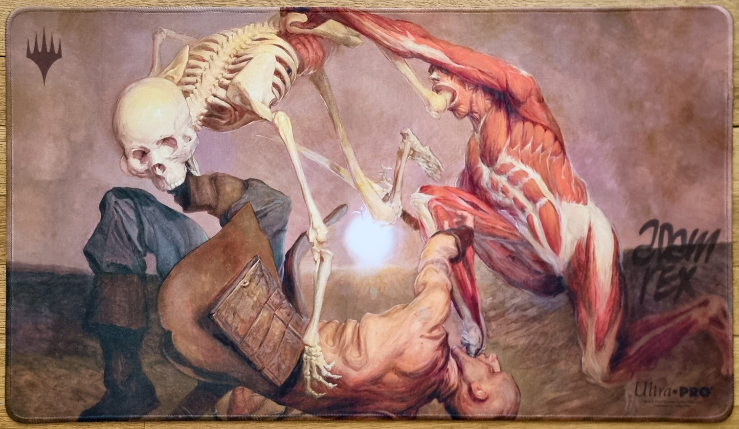 Signed Terror MTG playmat by Adam Rex with stitched edges, showing a grim scene of a skeleton and flayed creature looming over a fallen figure.