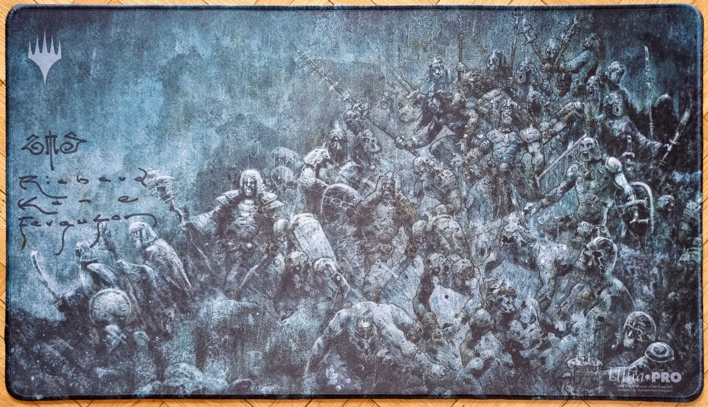 Signed stitched Toxic Deluge playmat by Richard Kane Ferguson featuring a dark blue-grey mass of corrupted figures from Double Masters #345.