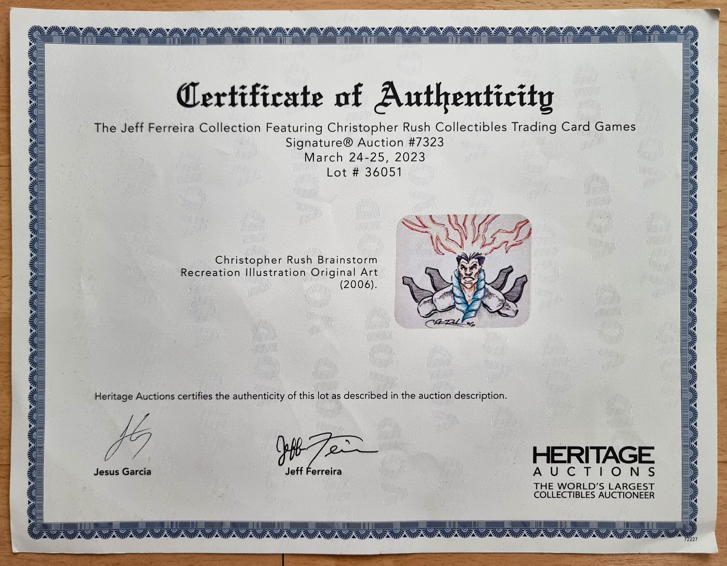 Heritage Auctions Certificate of Authenticity for Christopher Rush Brainstorm recreation illustration original art mouse pad, lot 36051 from the Jeff Ferreira Collection.