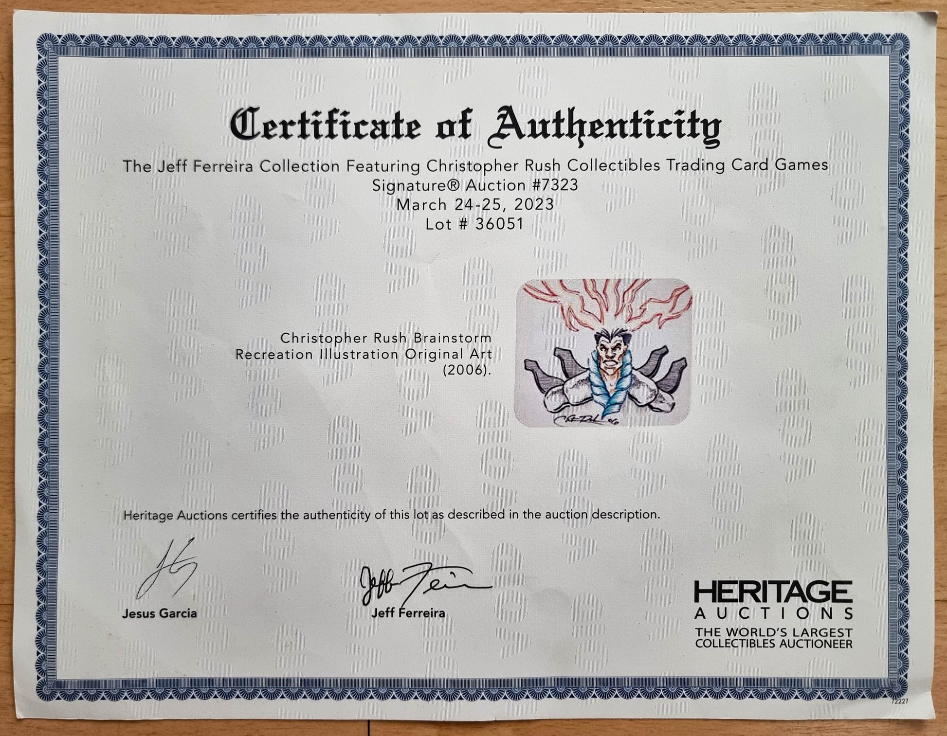 Heritage Auctions Certificate of Authenticity for Christopher Rush Brainstorm recreation illustration original art mouse pad, lot 36051 from the Jeff Ferreira Collection.