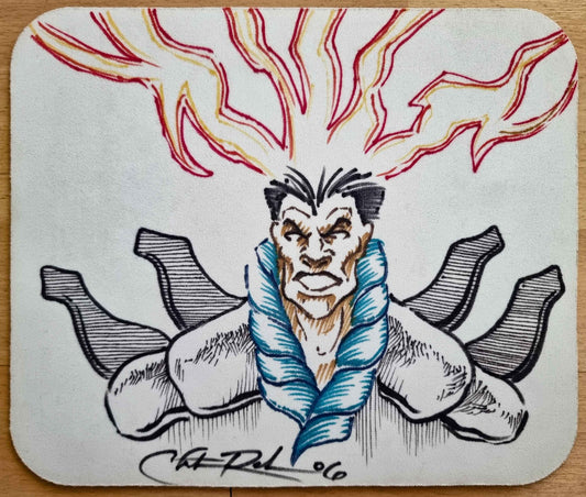 Christopher Rush Brainstorm original art mouse pad showing a hand-drawn figure with glowing eyes and red and yellow energy arcs, signed © Chris Rush ’06.