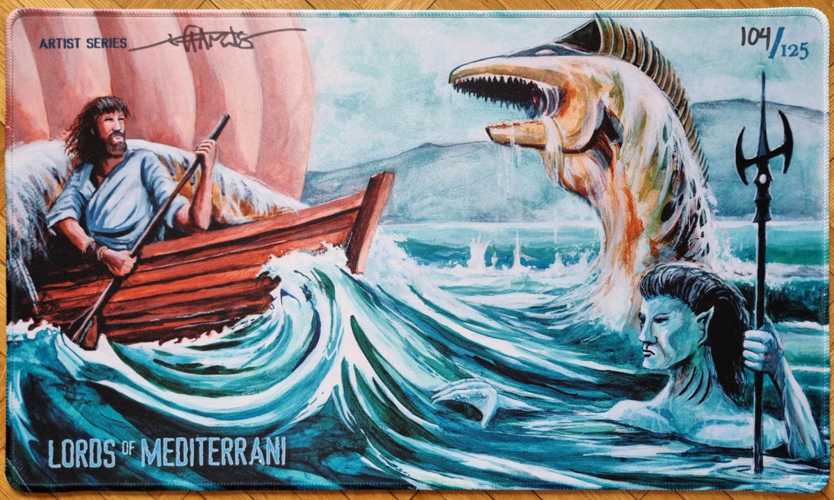 Lords of Mediterrani MTG playmat signed by Jeff A. Menges, showing a bearded man rowing a red boat as a sea serpent and a blue merfolk with a trident rise from the sea.