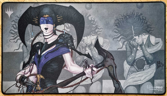 Signed and stitched Avatar of Woe MTG playmat by rk post featuring the Prophecy artwork with a central dark female figure in black and violet against a haunting grayscale background.