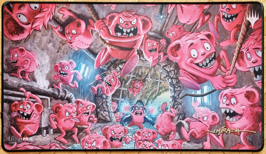 Signed B.O.B. (Bevy of Beebles) MTG playmat featuring Jeff Miracola’s Unsanctioned artwork, showing a chaotic swarm of pink Beebles with stitched black edges.