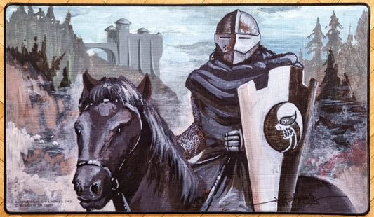 Signed Black Knight MTG playmat featuring Jeff A. Menges’s Alpha artwork, showing a mounted knight with shield in a muted landscape and stitched black edges.
