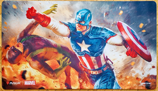 Captain America, Super-Soldier stitched playmat by Anna Podedworna, showing Captain America punching an opponent while holding his shield amid an explosive battle scene.