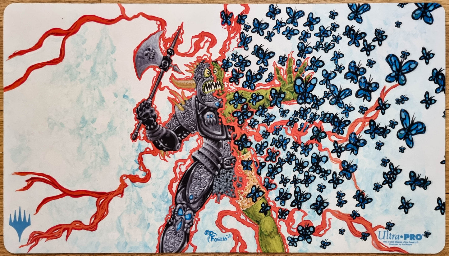 Chaos Warp MTG playmat by Phil Foglio showing a chaotic figure transforming into blue butterflies amid twisting red magical energy.