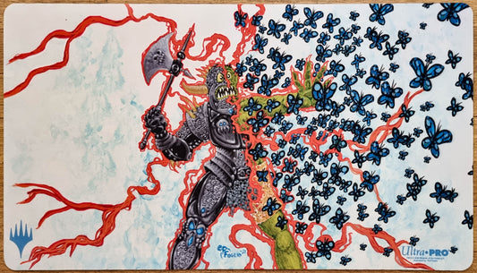 Chaos Warp MTG playmat by Phil Foglio showing a chaotic figure transforming into blue butterflies amid twisting red magical energy.