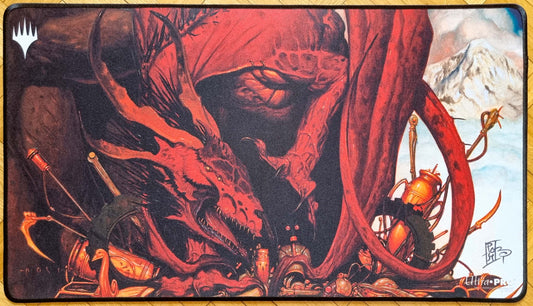Signed and stitched Covetous Dragon MTG playmat by rk post featuring the Urza’s Destiny artwork of a red dragon guarding a hoard of treasure and artifacts.