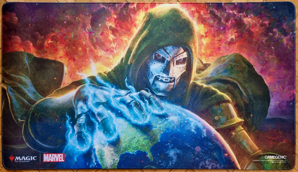Magic: The Gathering x Marvel shiny playmat featuring Alexander Gering’s Doom Reigns Supreme artwork, showing Doctor Doom looming over Earth with blue energy and stitched edges.
