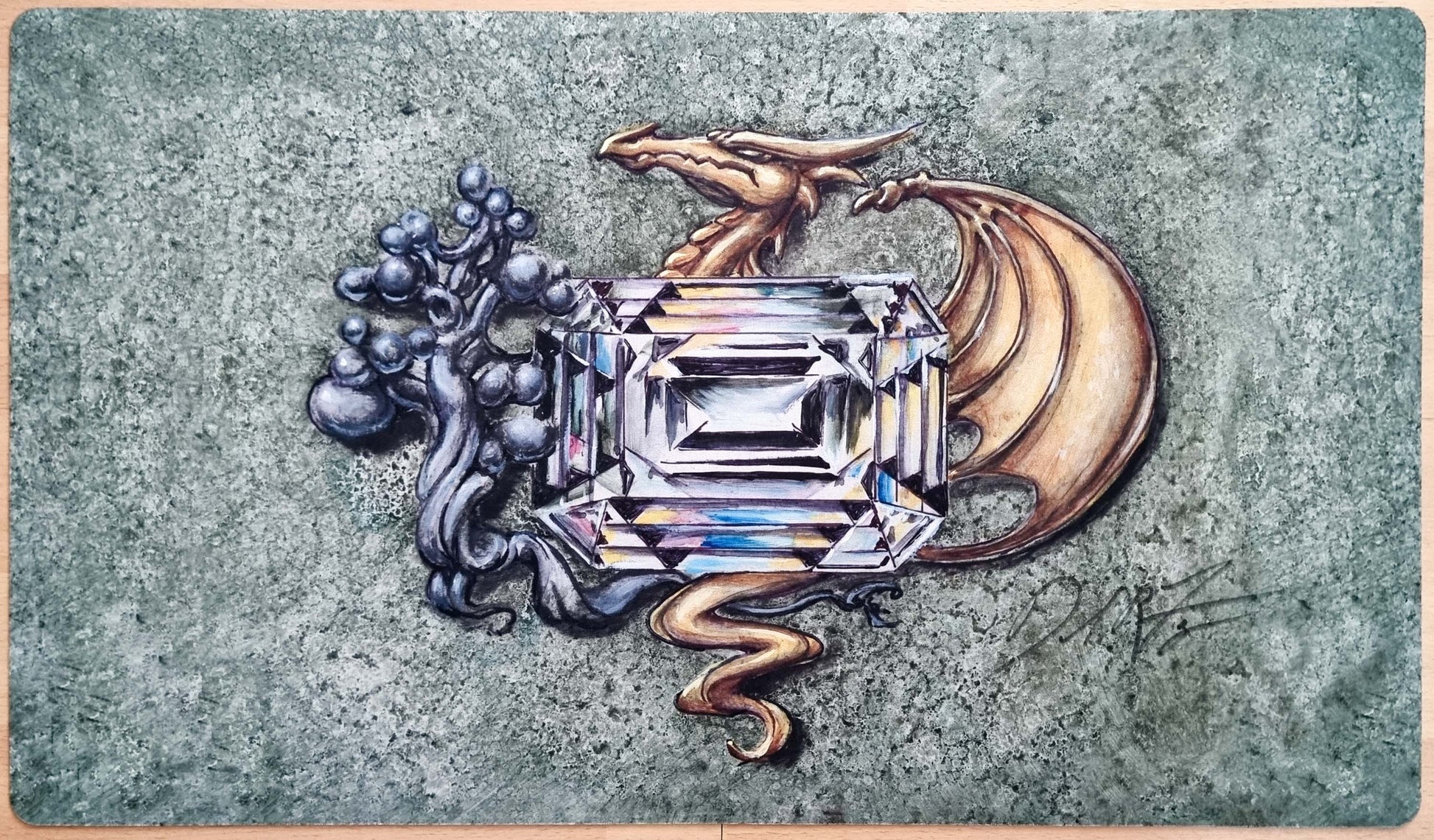 Signed Earthen Mox playmat by Dan Frazier featuring a faceted gemstone, twisted roots, and a coiled golden dragon on a stone-textured background.
