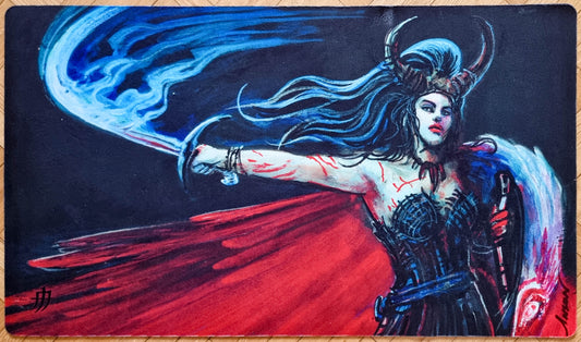 Signed Fallen Angel playmat by Anson Maddocks featuring a reimagined horned angel figure with a red cape and blue spectral energy, inspired by the Legends card.