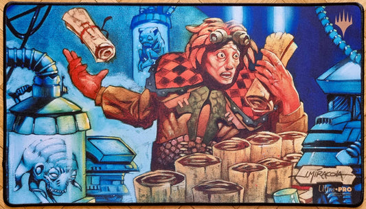 Signed Frantic Search MTG playmat featuring Jeff Miracola’s Urza's Legacy artwork, showing a frantic figure in a blue laboratory scene with scrolls and stitched black edges.
