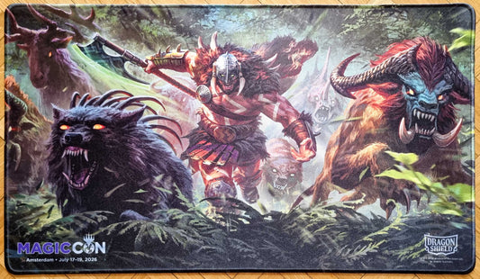 MagicCon Amsterdam 2026 stitched playmat featuring Garruk Wildspeaker and His Horde by Andrey Kuzinskiy, showing Garruk charging through a forest alongside ferocious beasts.