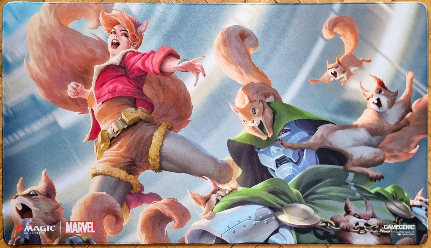 Magic: The Gathering x Marvel Go Nuts! playmat featuring Ignatius Budi’s artwork, showing Squirrel Girl and a swarm of squirrels overwhelming Doctor Doom with stitched edges.