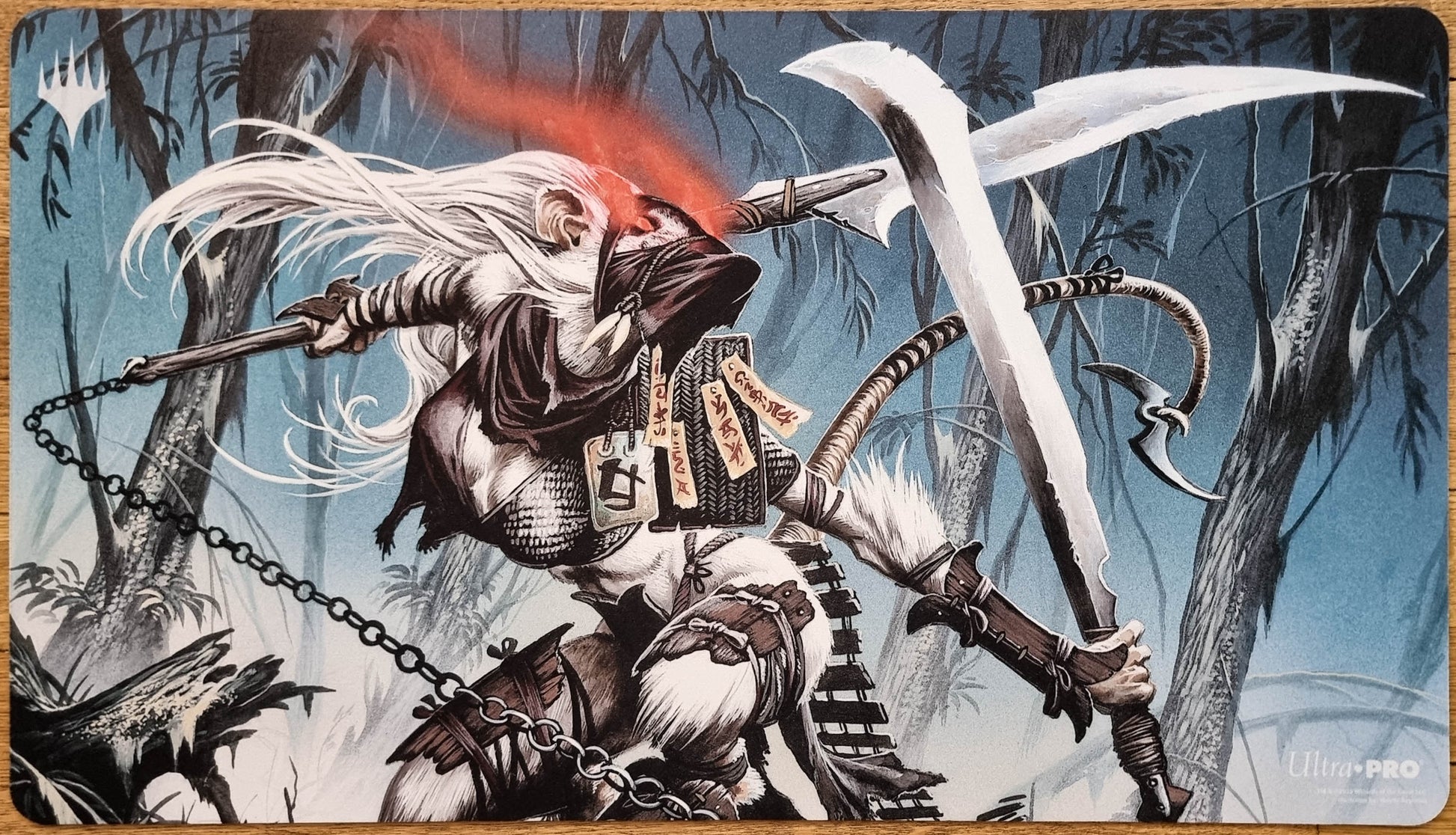 Ink-Eyes, Servant of Oni MTG playmat by Wayne Reynolds showing a white-haired rat ninja with curved blades in a misty forest scene.