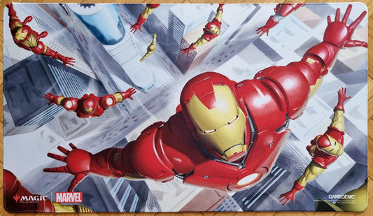 Iron Man, Master of Machines stitched playmat by John Tyler Christopher, showing multiple red-and-gold Iron Man suits flying above a city.