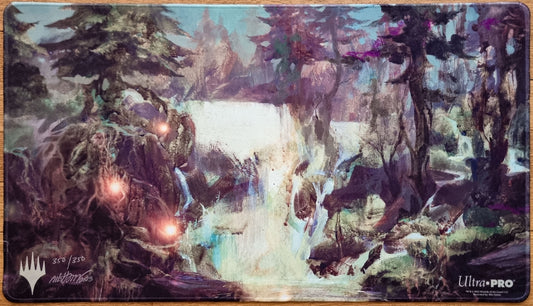 Signed and stitched Island MTG playmat by Nils Hamm showing a misty woodland waterscape with glowing lights, trees, and waterfalls.