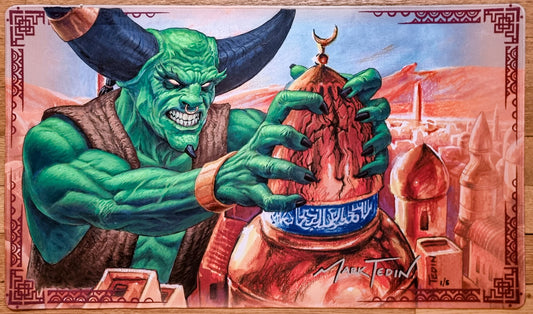 Juzam Djinn on City of Brass - Mark Tedin - Super Artist Proof Limited Edition [#1 of 5 Copies] - Stitched - Shadow signed and Painted MTG Playmat