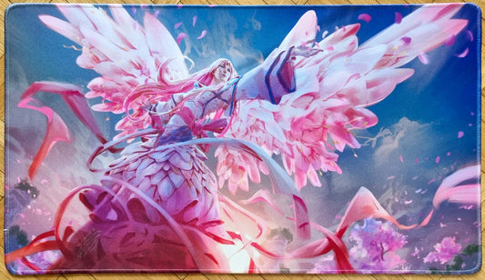 Signed stitched GP Chiba Angel playmat by Johannes Voss showing Konohanasakuya-hime with pink cherry blossom wings, flowing ribbons, and sakura petals.