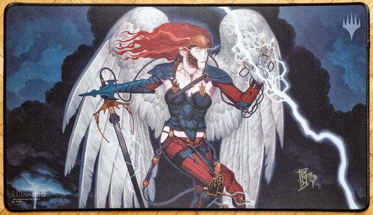 Signed Lightning Angel MTG playmat featuring rk post’s Apocalypse artwork, with the winged angel surrounded by lightning and stitched black edges.