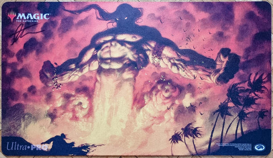 Signed Mahamoti Djinn MTG playmat featuring Greg Staples’s Ninth Edition artwork, showing a towering djinn rising through glowing purple clouds above dark silhouettes.