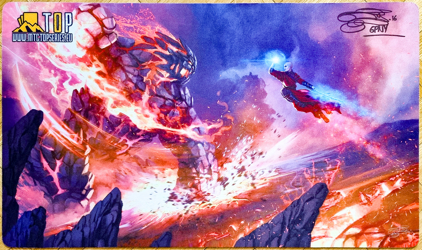 Monk vs Fire Golem - Magali Villeneuve - MKM Series Madrid 2015 - Signed by the Artist - MTG Playmat