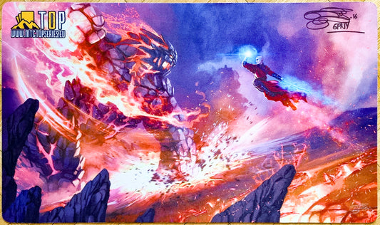 Monk vs Fire Golem - Magali Villeneuve - MKM Series Madrid 2015 - Signed by the Artist - MTG Playmat