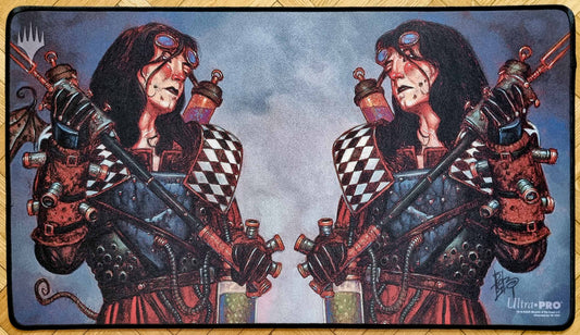 Signed and stitched Morphling MTG playmat by rk post featuring a mirrored depiction of the Urza's Saga creature against a muted blue-gray background.