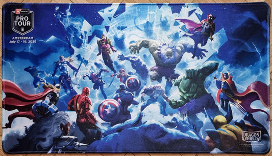 Foil Multiversal Incursion MTG playmat by Lordigan for Pro Tour Amsterdam 2026, showing Marvel heroes in a blue multiversal battle with stitched black edges.