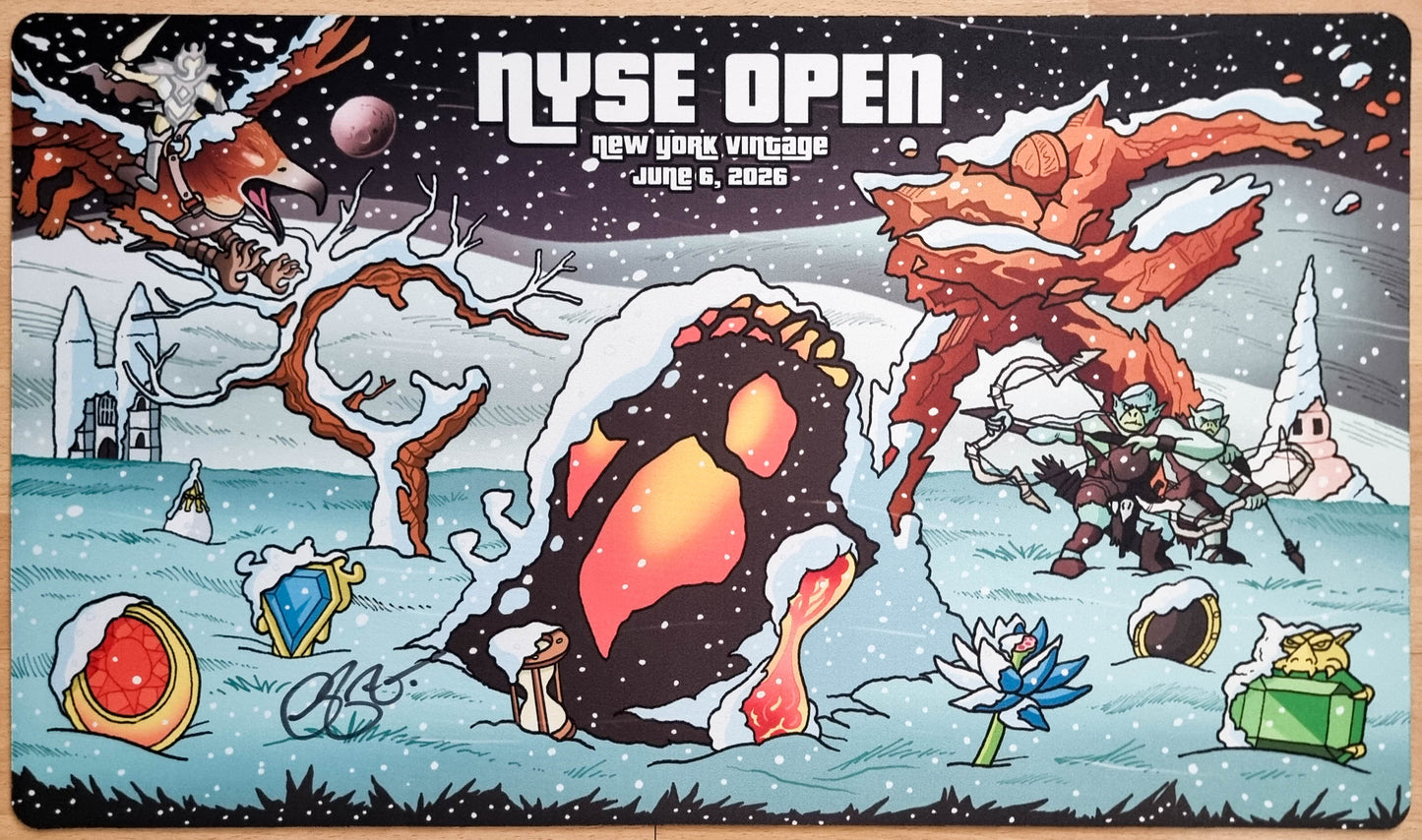 Signed N.Y.S.E. Open X 2026 playmat by Greg Fenton featuring a snowy surreal fantasy scene with New York skyline elements and Magic-inspired artifacts.