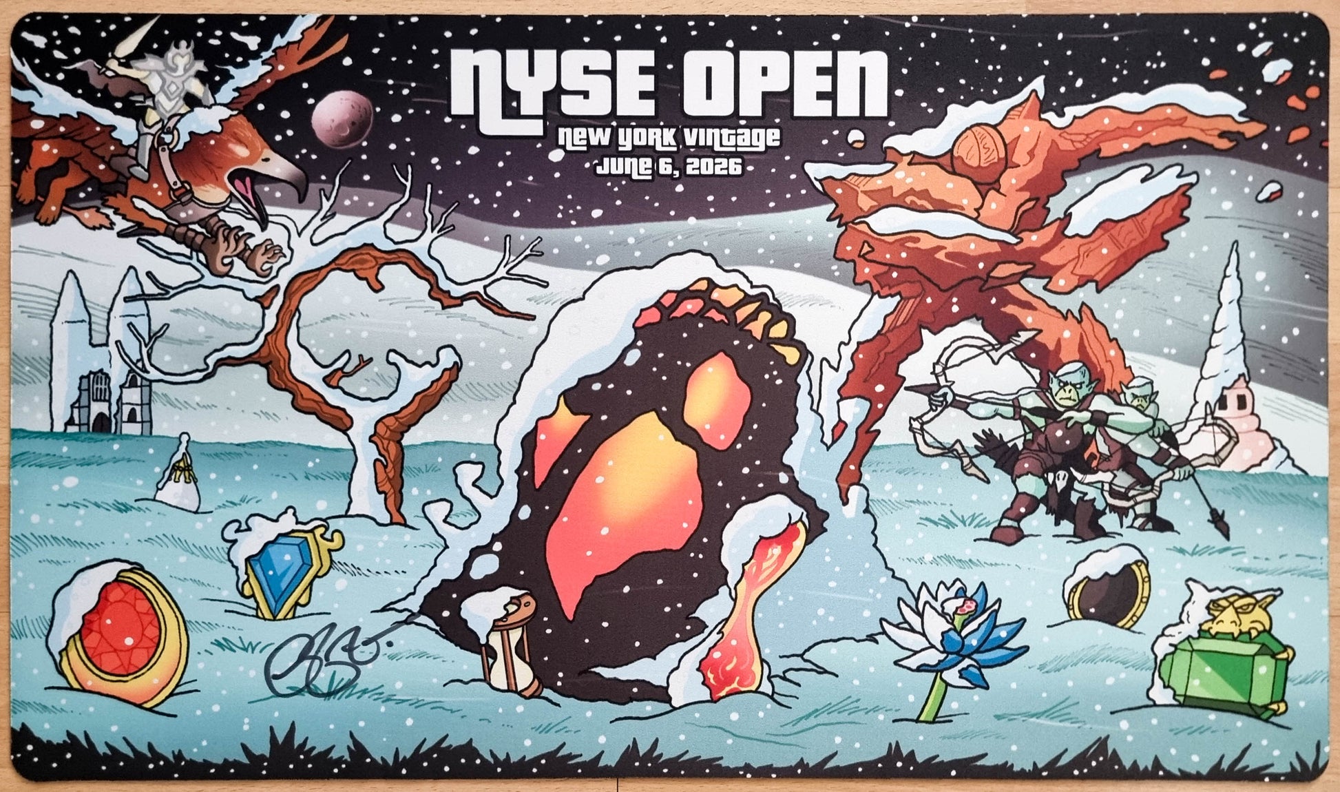 Signed N.Y.S.E. Open X 2026 playmat by Greg Fenton featuring a snowy surreal fantasy scene with New York skyline elements and Magic-inspired artifacts.