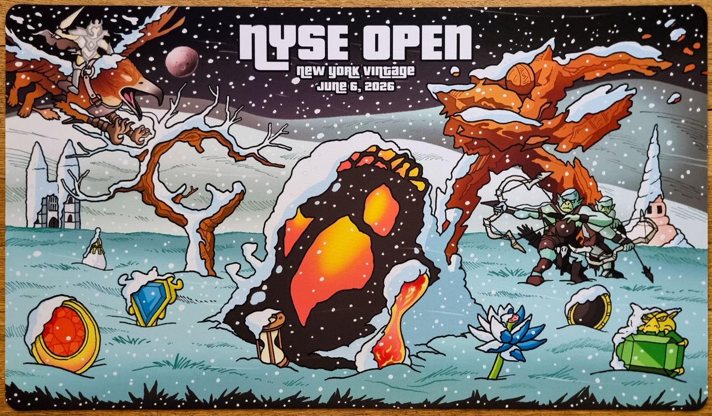 N.Y.S.E. Open X 2026 playmat by Greg Fenton featuring a snowy surreal fantasy scene with New York skyline elements and Magic-inspired artifacts.