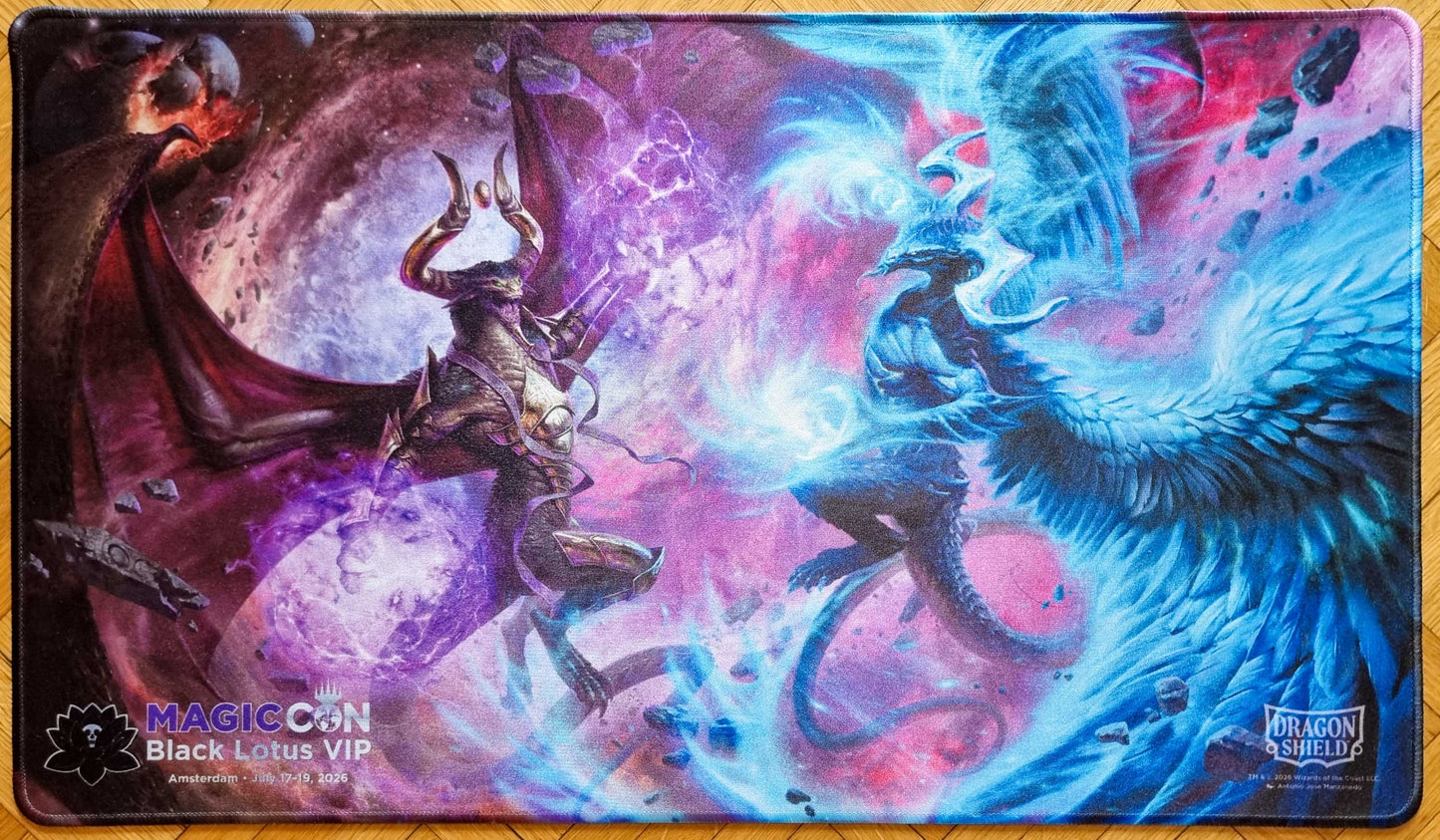 MagicCon Amsterdam 2026 Black Lotus VIP stitched playmat featuring Antonio José Manzanedo artwork of Nicol Bolas battling Ugin in a vivid purple and blue cosmic scene.