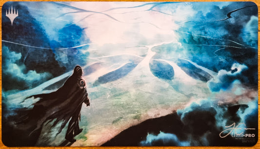 Signed Omniscience MTG playmat by Jason Chan showing a hooded figure looking out over a vast blue-white cosmic landscape.