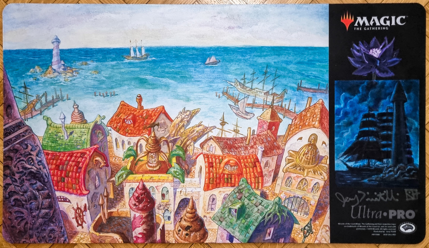 Rishadan Port [Black Lotus & Ship by a Lighthouse] - Jerry Tiritilli - Signed & Sketched MTG Playmat