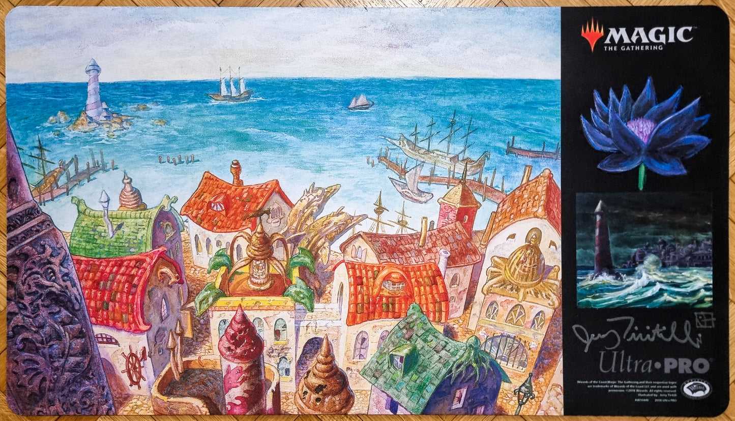 Rishadan Port [Black Lotus & Lighthouse at Night] - Jerry Tiritilli - Signed & Sketched MTG Playmat