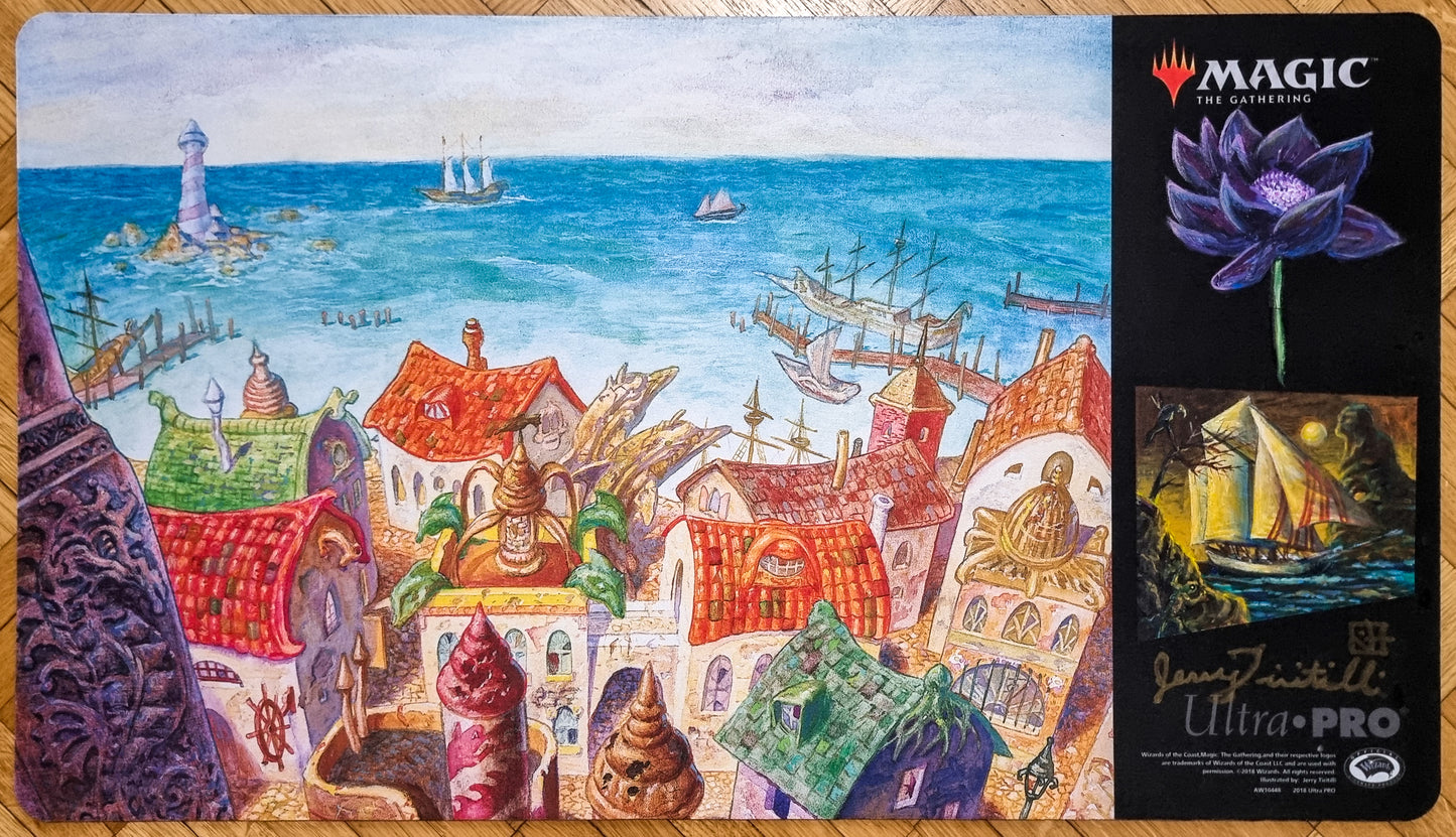 Rishadan Port [Black Lotus & Ship Sailing at Sunset] - Jerry Tiritilli - Signed & Sketched MTG Playmat