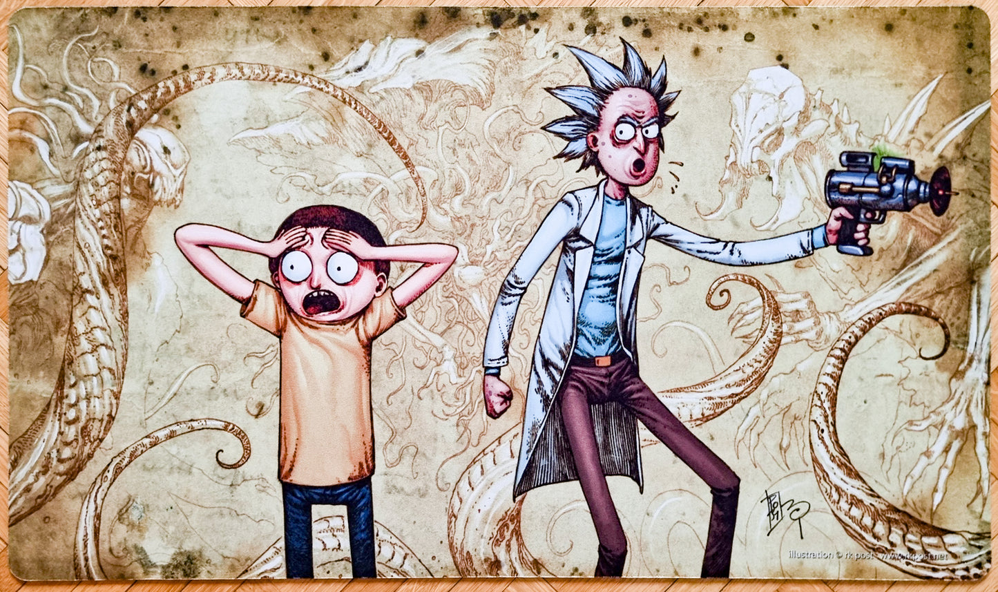 RnM vs E - Rick y Morty [versión sin borde] - rk post - Tapete Magic firmado