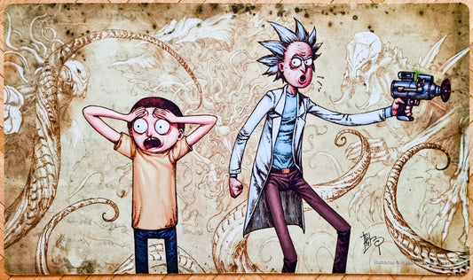 RnM vs E - Rick y Morty [versión sin borde] - rk post - Tapete Magic firmado