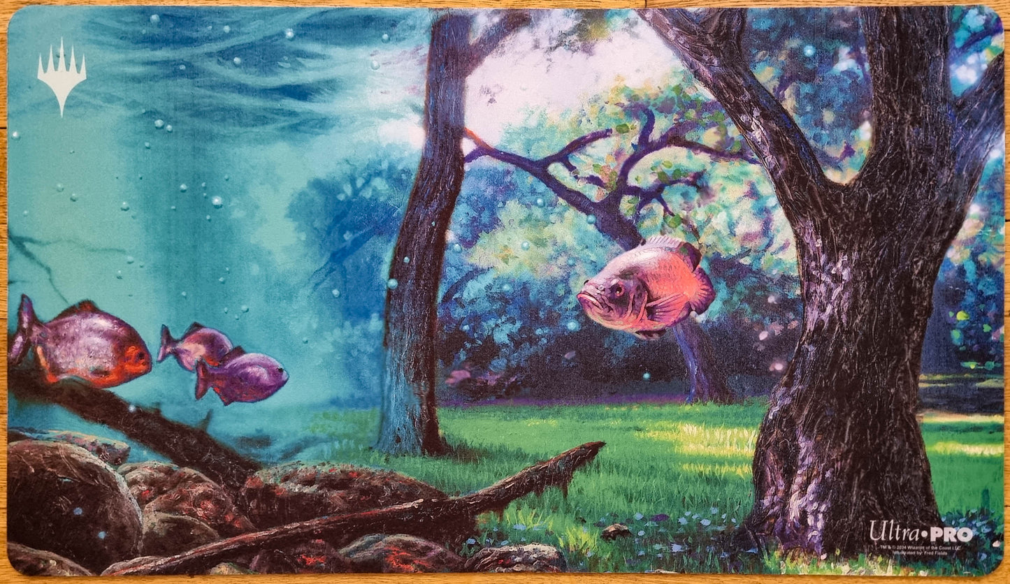Scapeshift MTG playmat by Fred Fields showing fish floating through a surreal forest and water landscape.